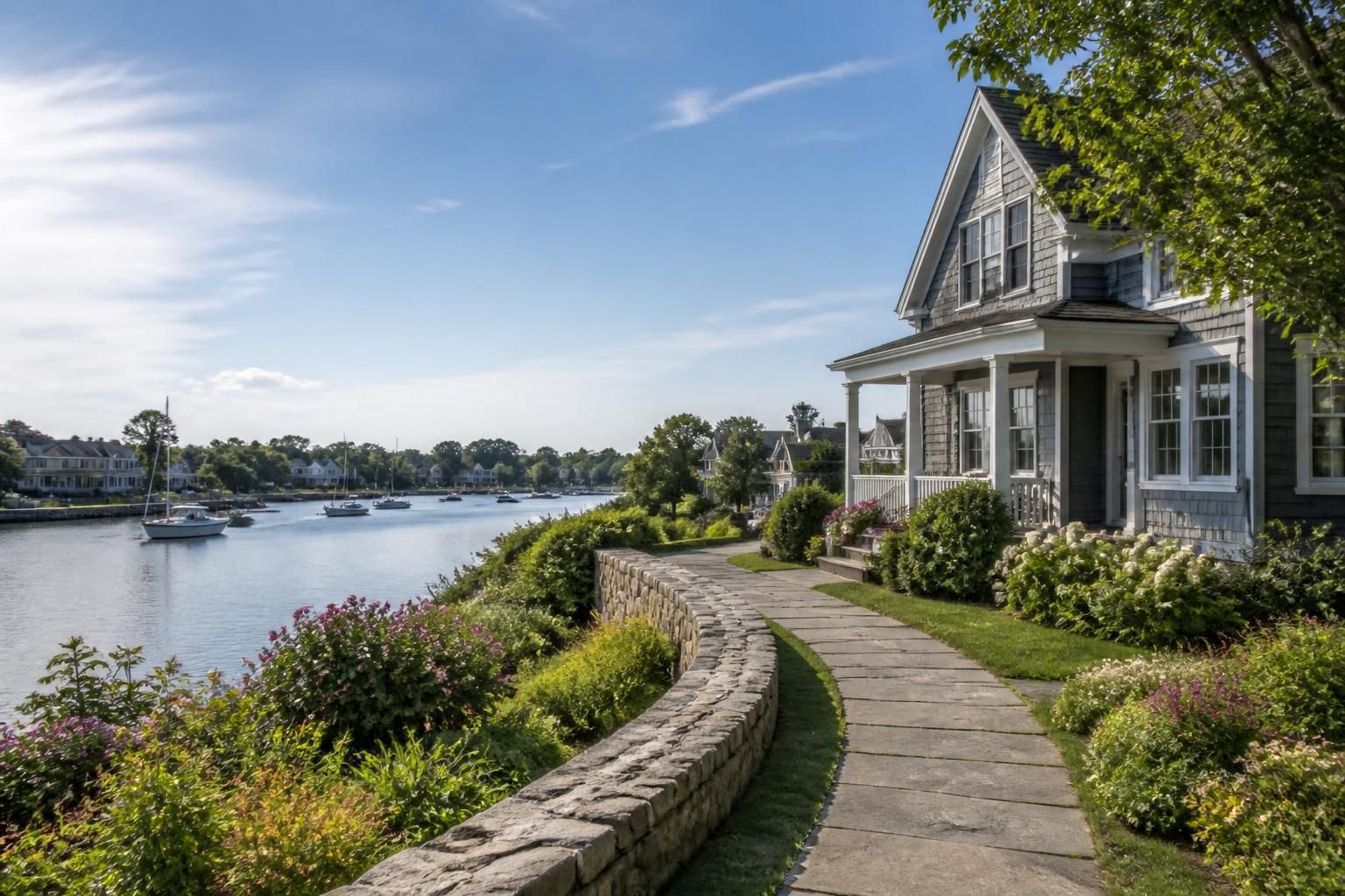 Waterfront neighborhood with calm residential homes under a bright sky.