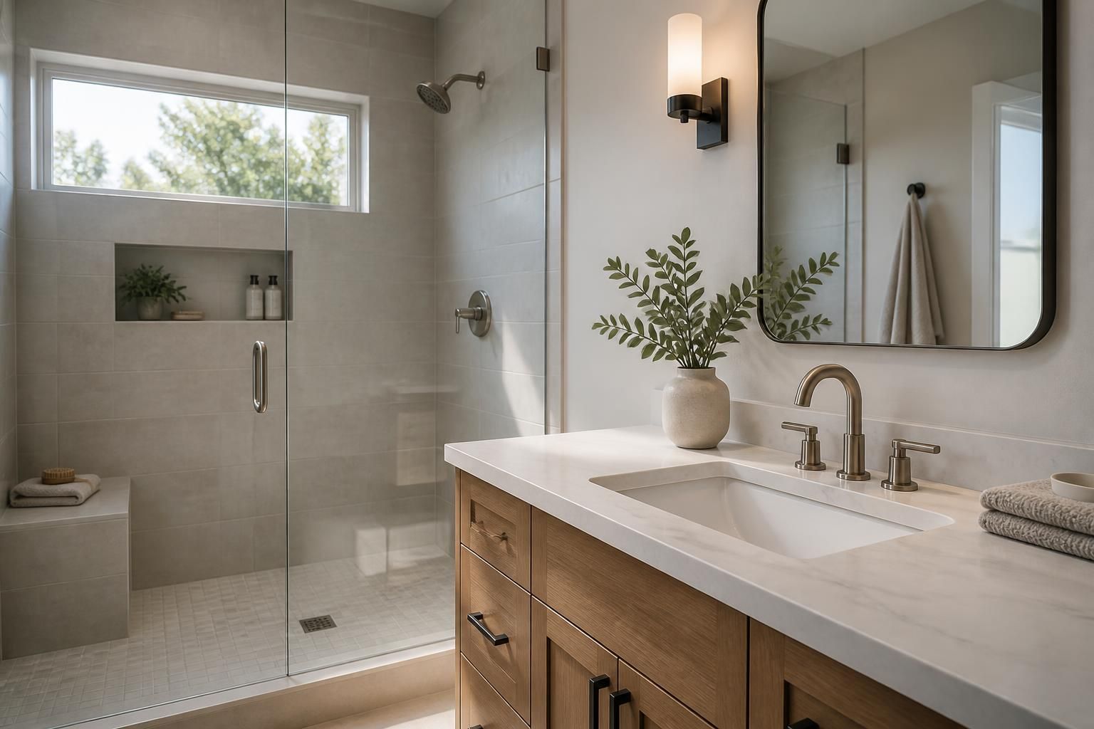 Newly remodeled bathroom with walk-in shower and modern fixtures.