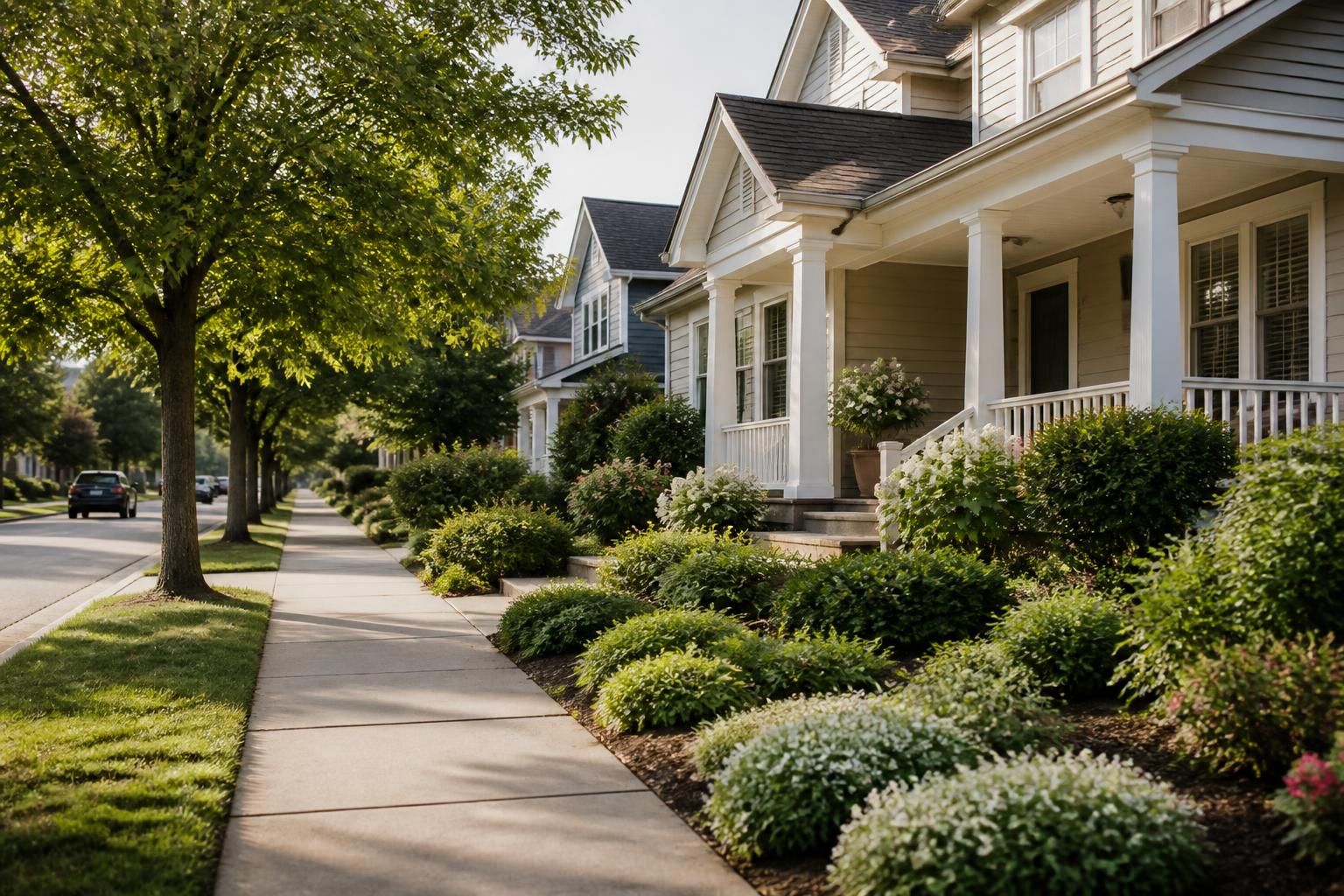 Quiet neighborhood with well-kept homes and leafy greenery.