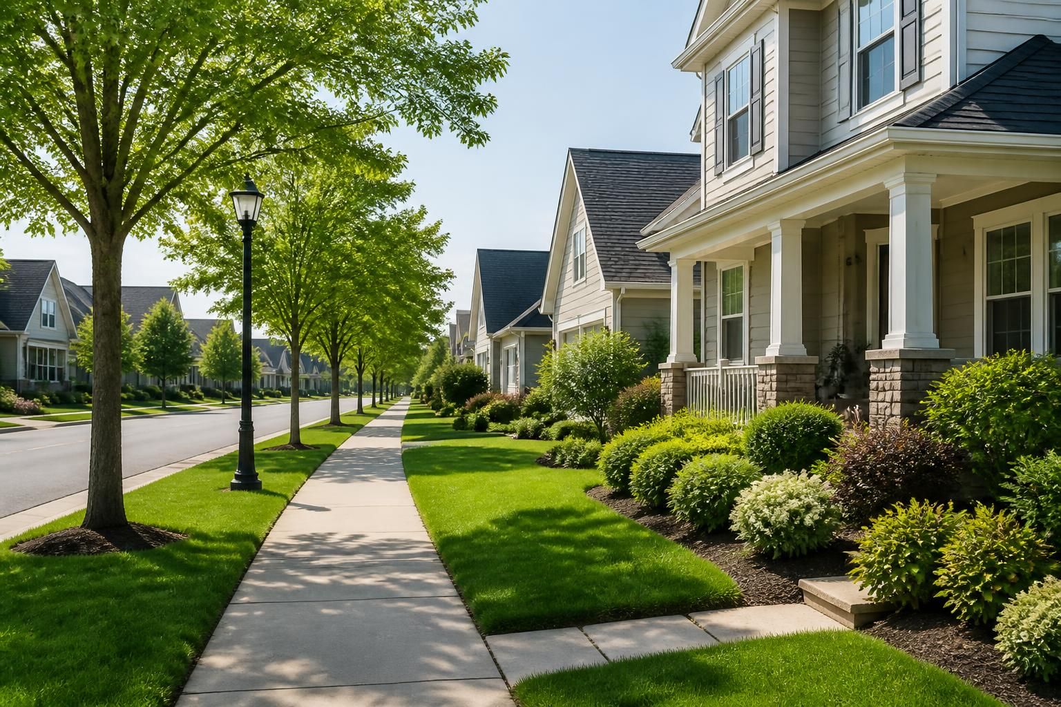 Clean suburban neighborhood with well-kept homes in daylight.