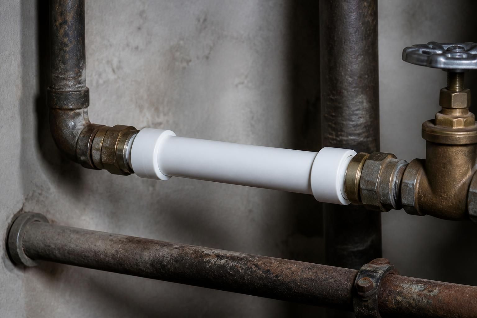 Newly replaced pipe section in a clean, well-maintained utility area.