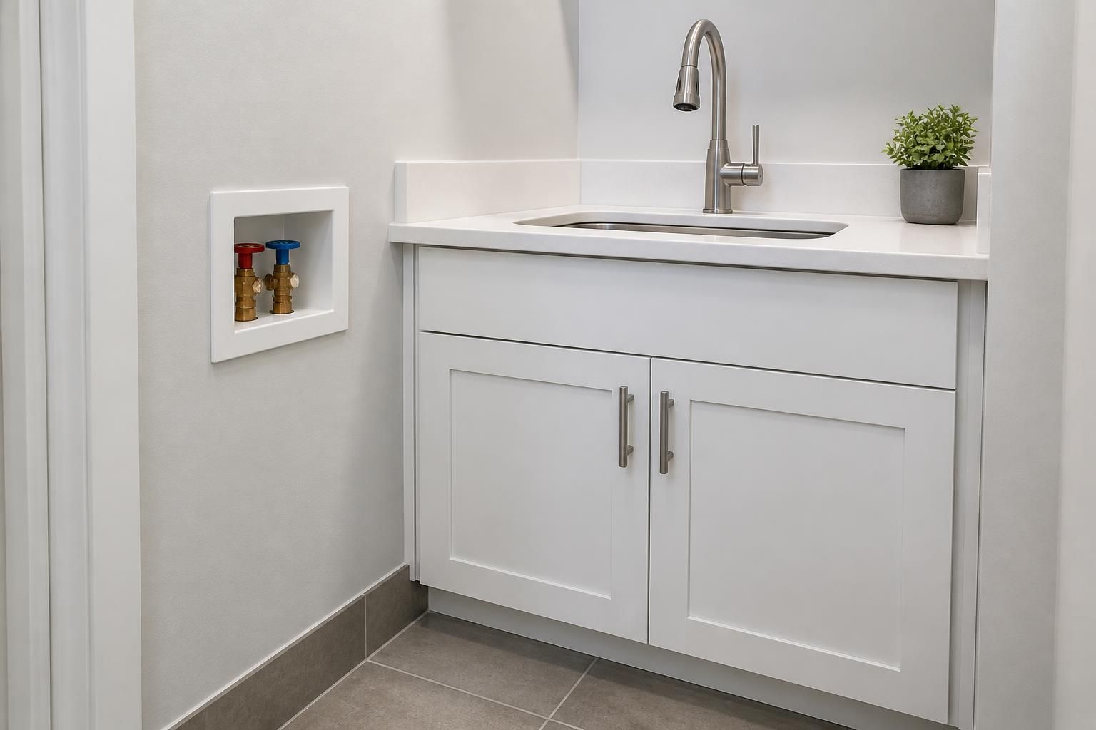Clean repaired sink cabinet with shutoff area in a finished service scene.