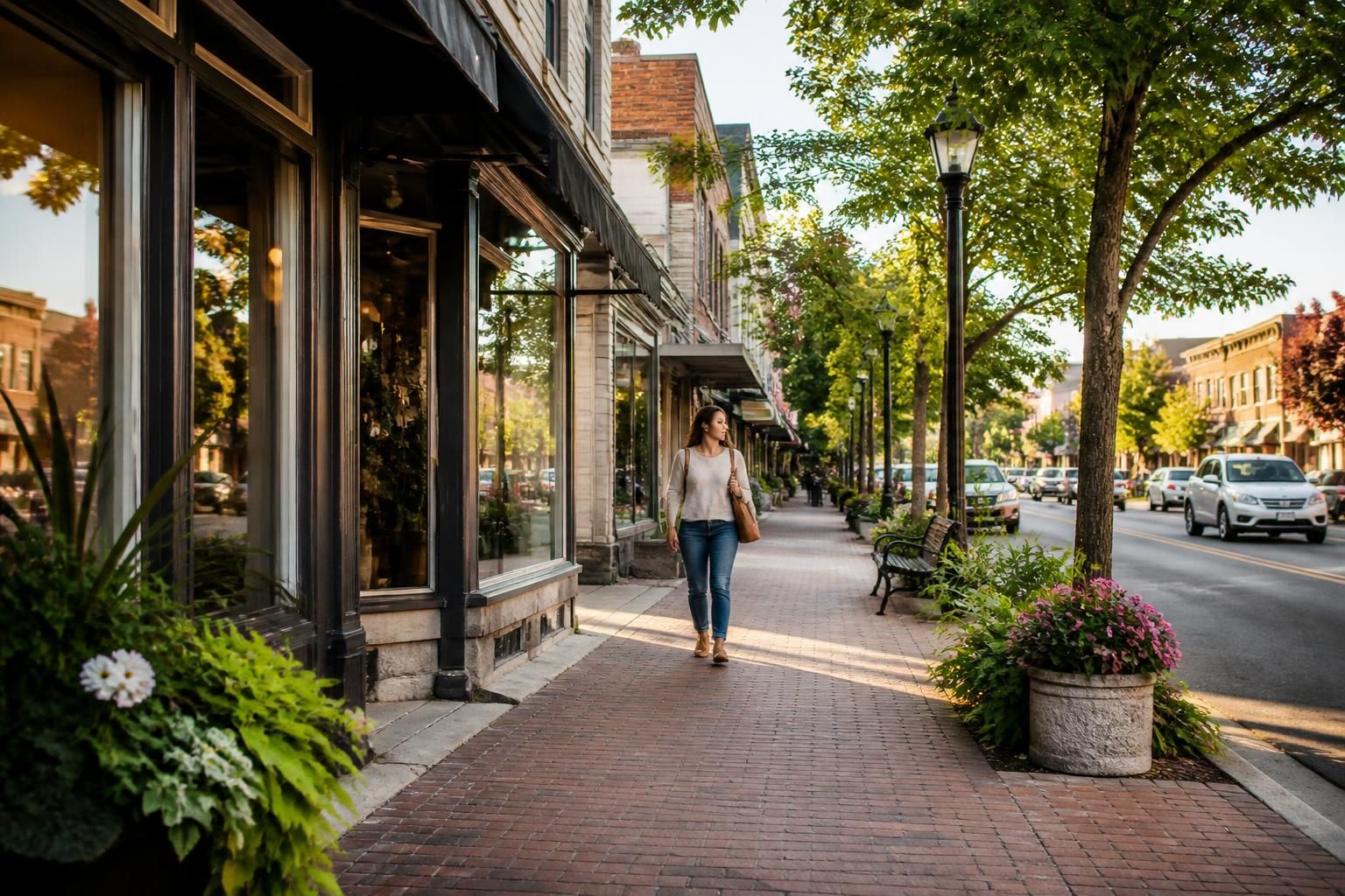 Village streetscape with attractive storefronts and tree-lined sidewalks.