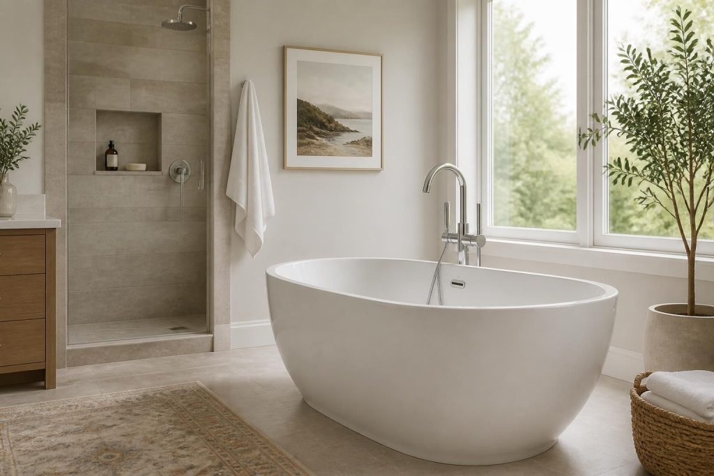 Modern bathroom with polished tub and chrome faucet in soft natural light.