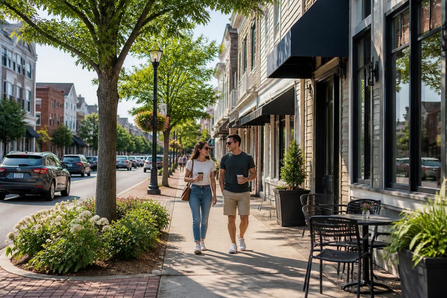 Orderly streetscape with trees and a bright community atmosphere.