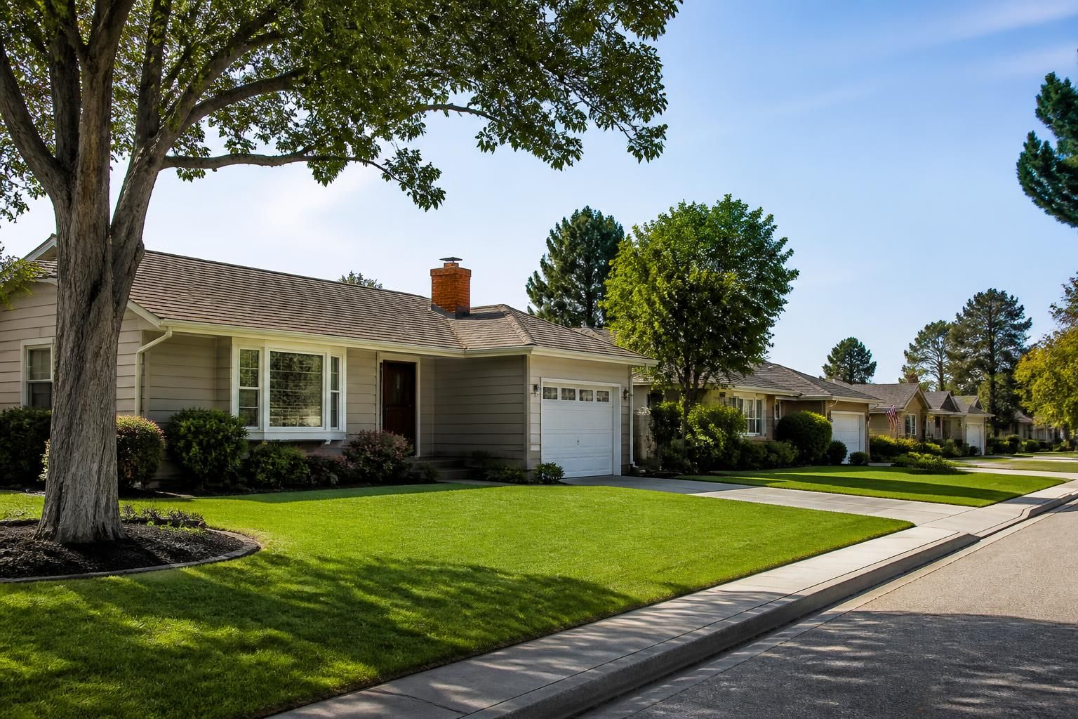 Suburban neighborhood with tidy lawns and classic residential homes.