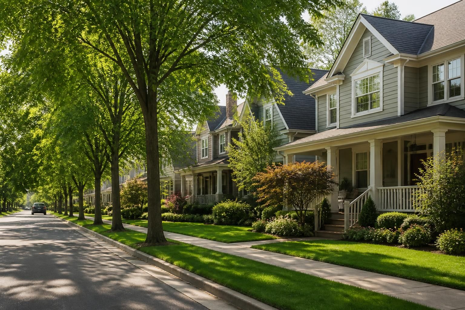 Tree-lined suburban street with well-kept homes in a welcoming neighborhood.