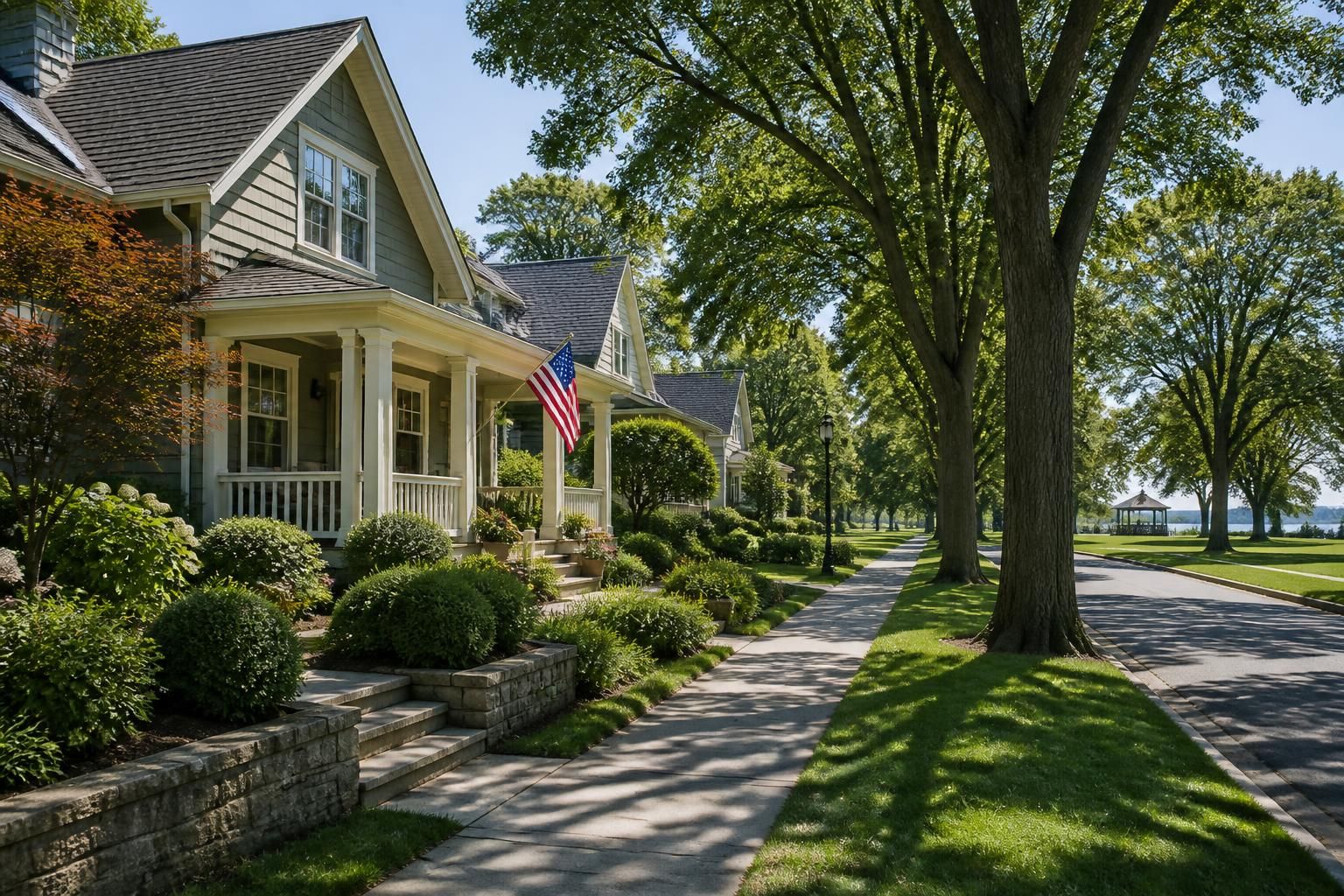 Park-side neighborhood with landscaped yards and attractive homes.