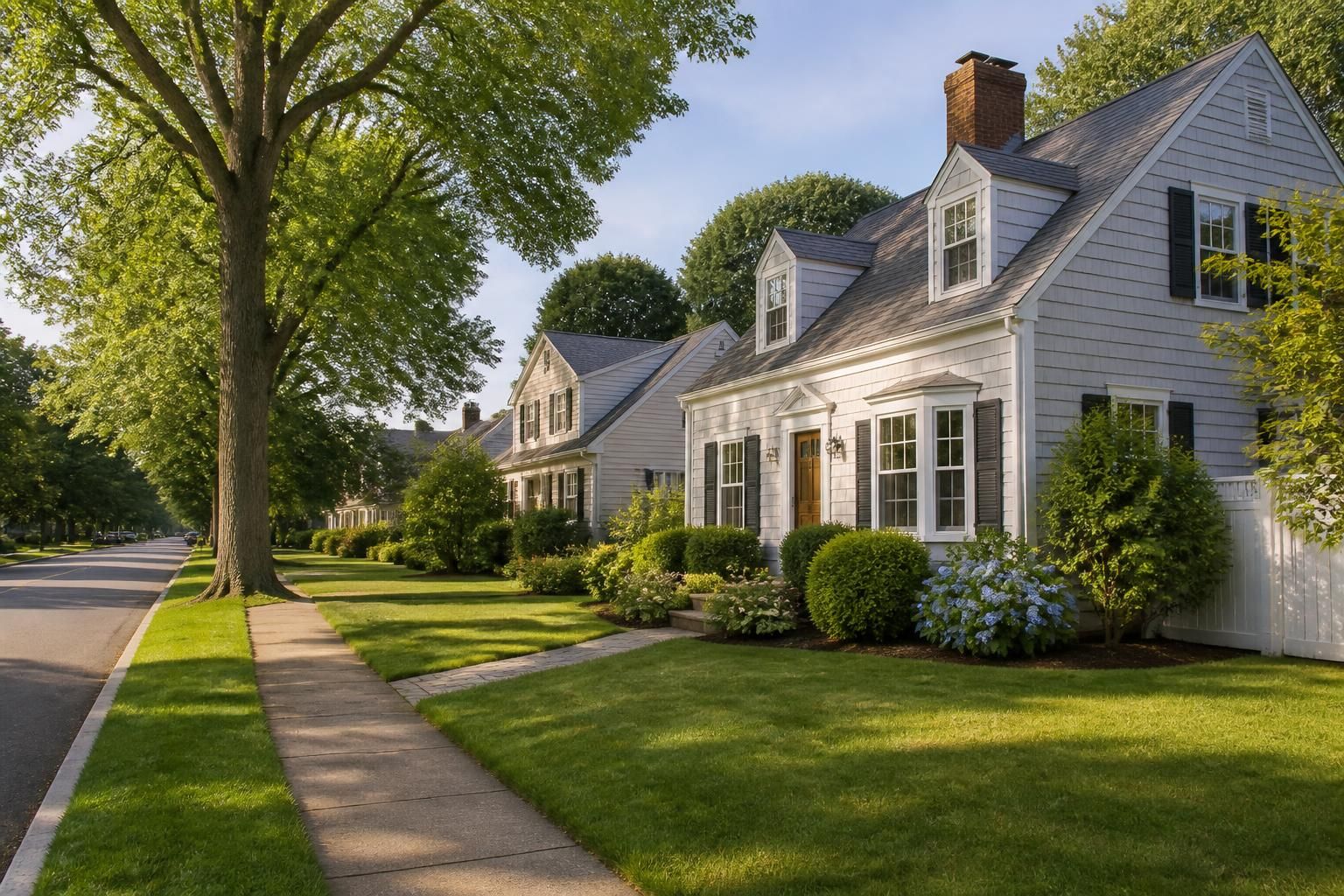Suburban street with tidy lawns and classic residential homes.