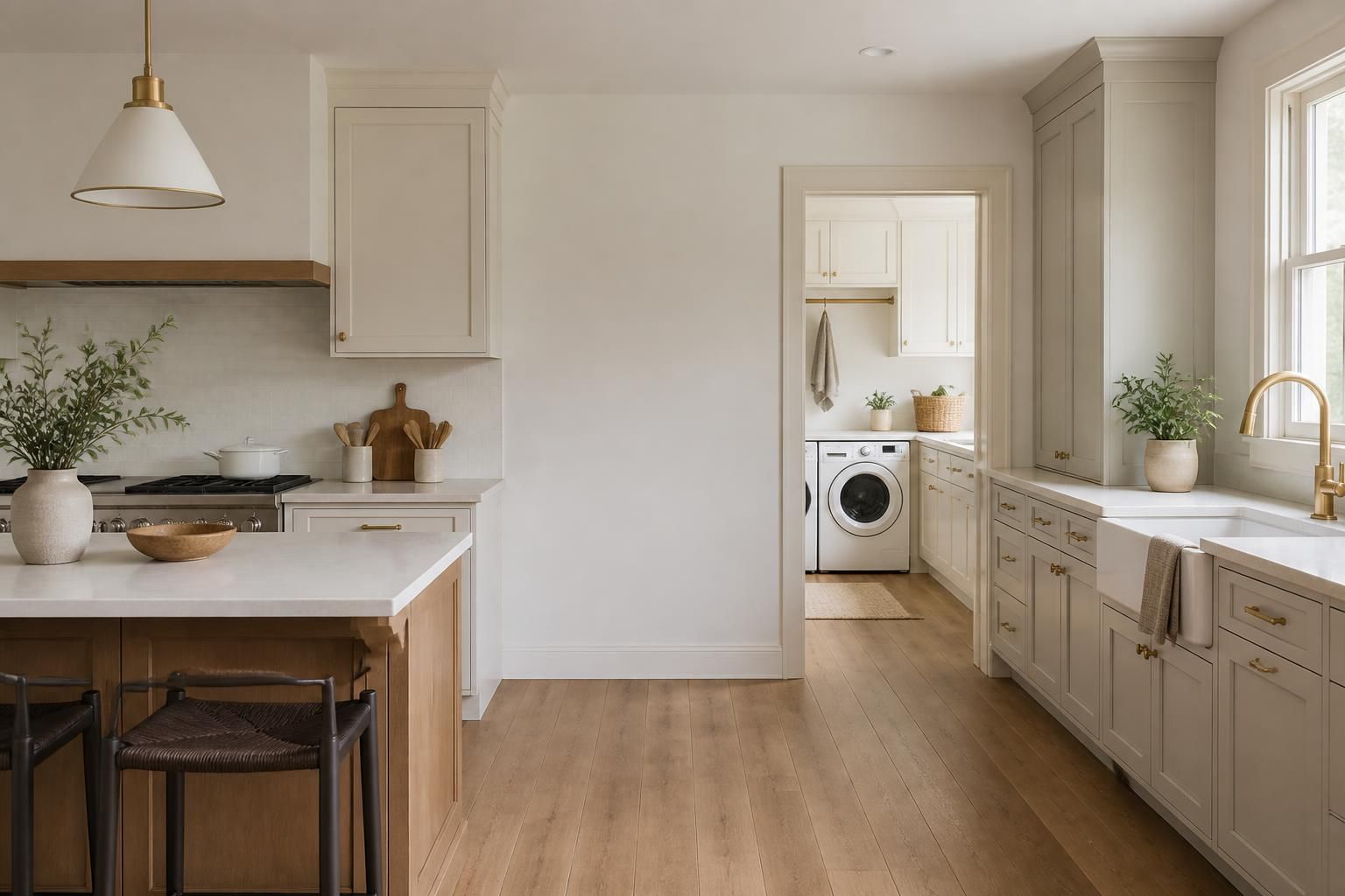 Bright finished kitchen and utility space with polished fixtures and open room.