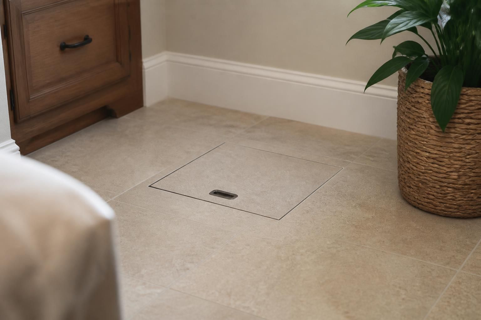 Finished floor area showing discreet slab leak repair access in a home.