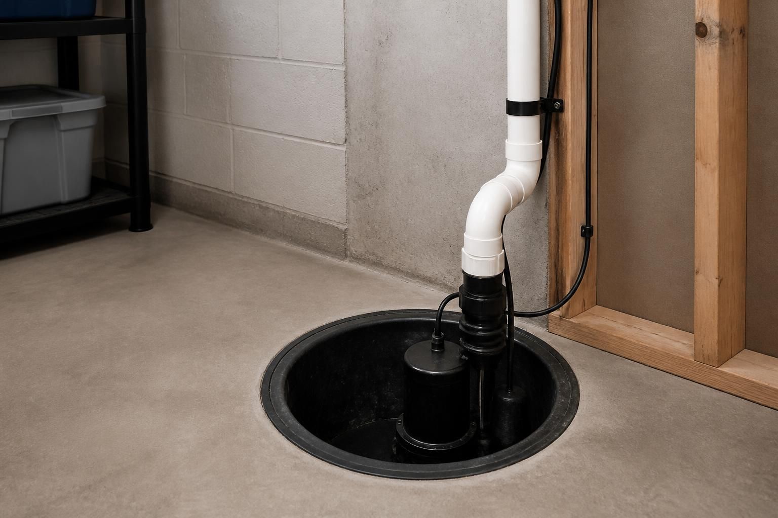 Finished sump pump installation in a clean basement utility area.