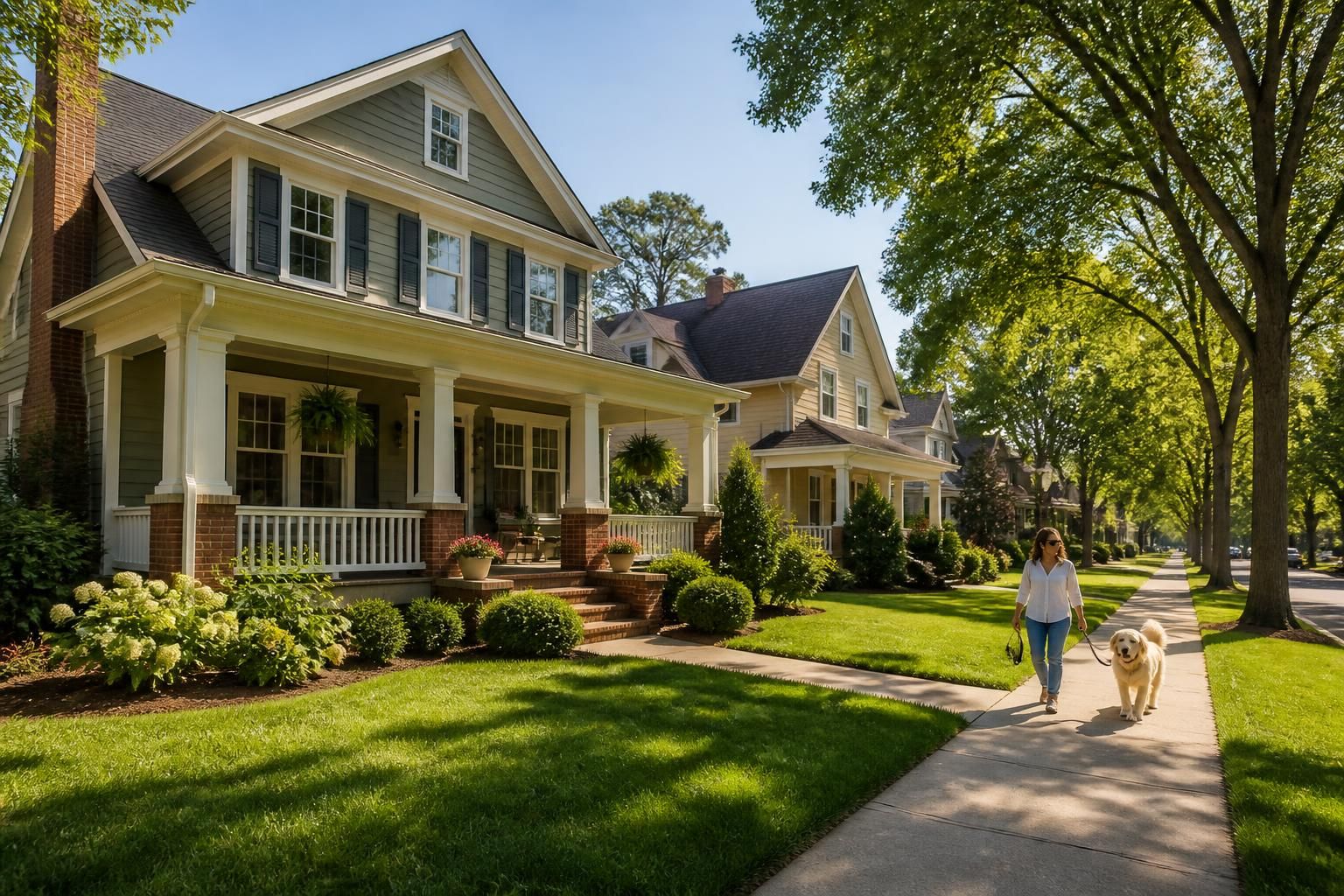 Classic homes and green lawns along a sunny neighborhood street.