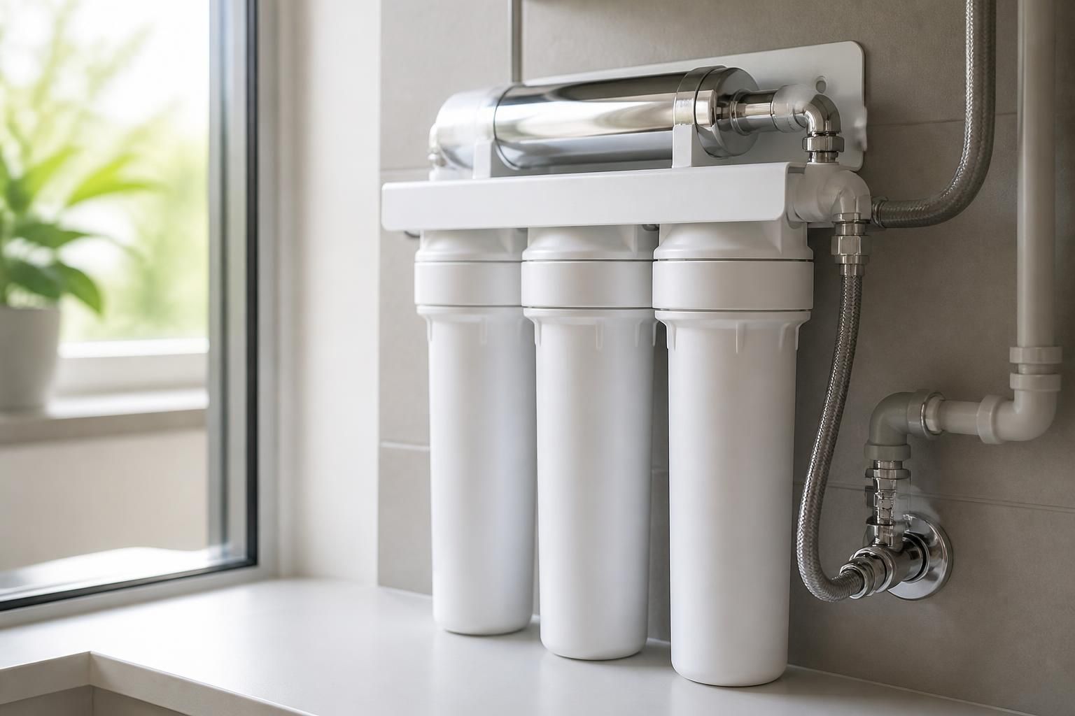 Installed water filtration system with clean white and chrome components.
