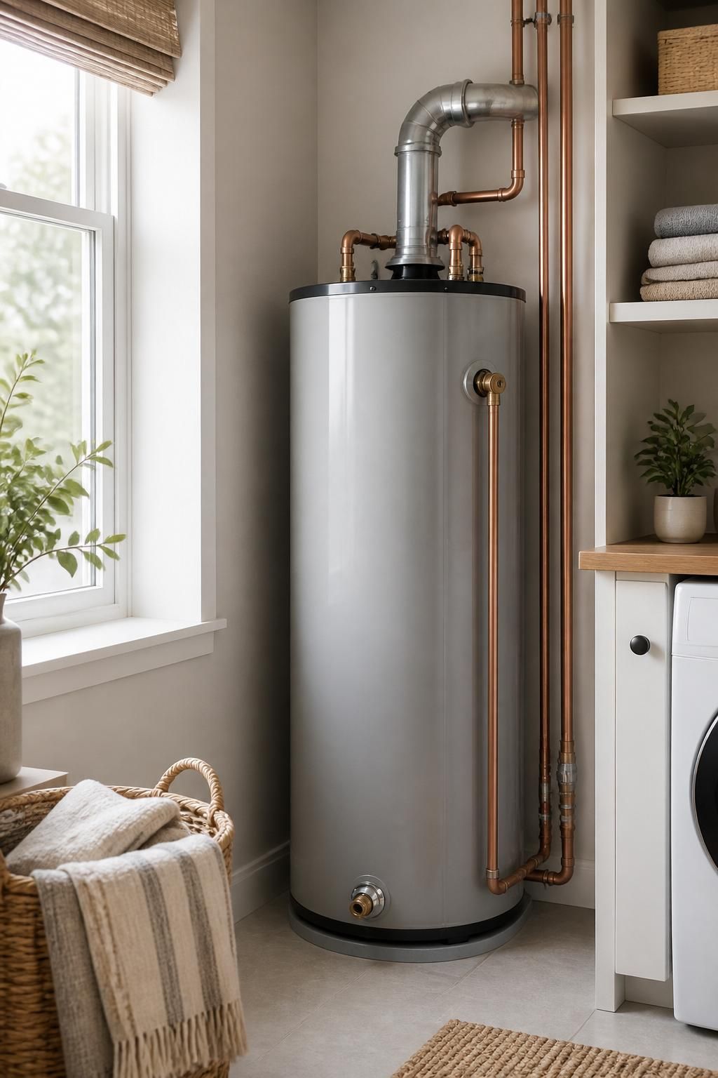 Modern utility room with a neatly installed water heater and clean plumbing.